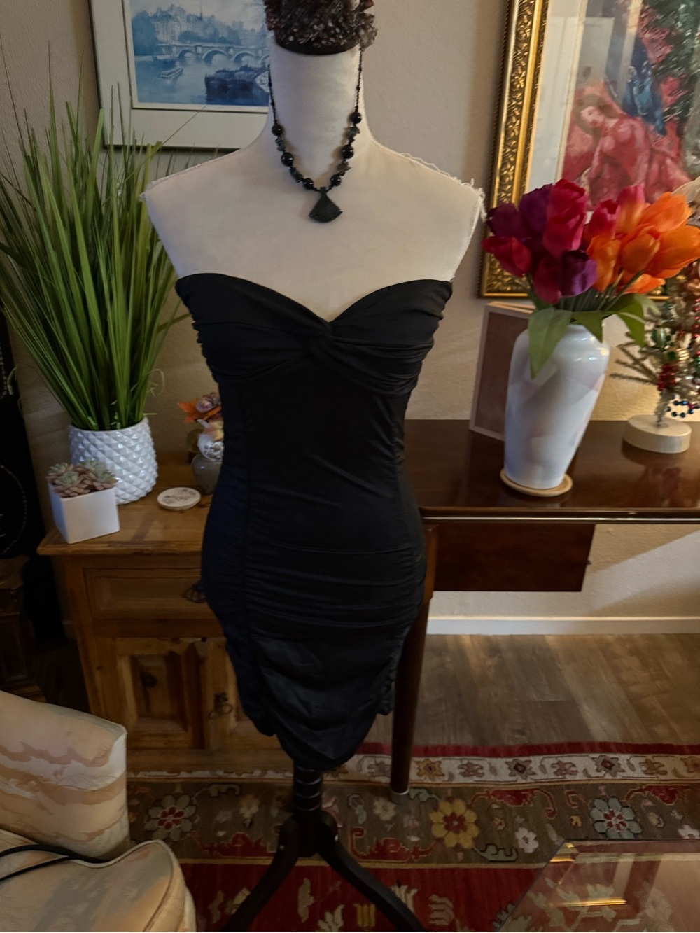 Strapless Black Ruched Bodycon Dress